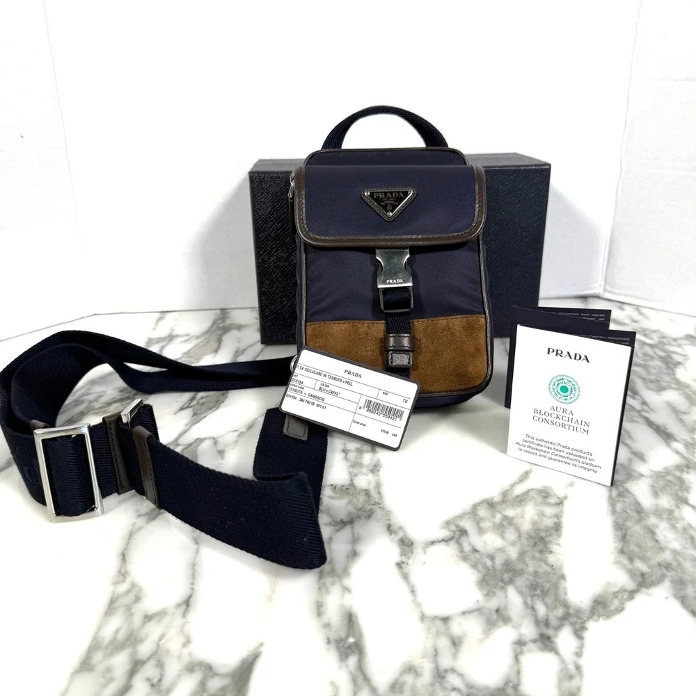Prada Re-Nylon Leather Smartphone Case Shoulder Bag 2ZH194 Blu Caffe Navy Brown